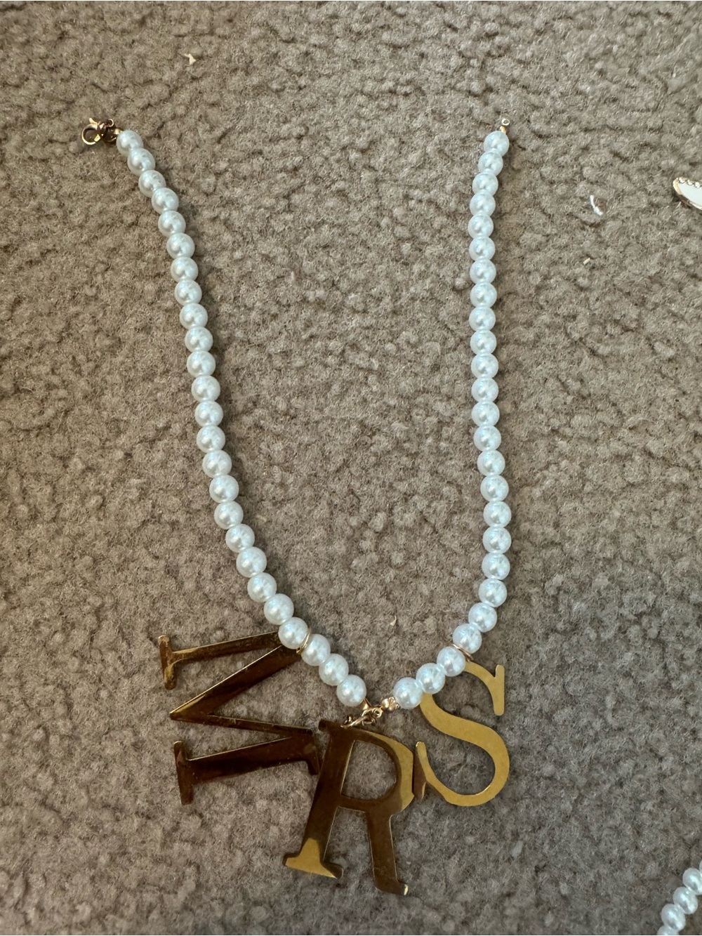 Pearl Beaded Necklace with Gold Letter Charms - White